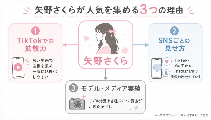 矢野さくらの人気を支えるTikTokでの拡散力、SNSごとの見せ方、モデル・メディア実績の3要素を示した図解。