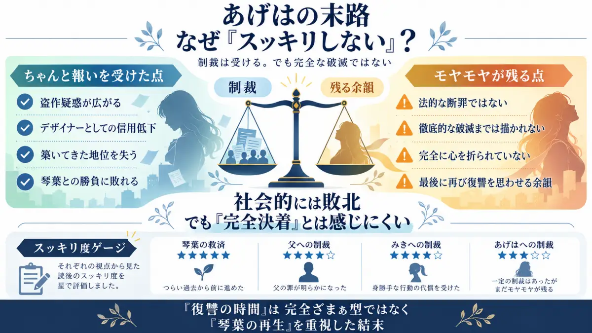 『復讐の時間』のあげはが盗作疑惑や悪事の暴露によって信用と地位を失う一方、完全な破滅ではなく不穏な余韻を残す結末を整理した図解