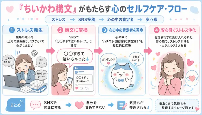 ストレス発生からSNSでのちいかわ構文発信を経て、心の中にハチワレを召喚し癒やされるまでの4段階の心理フロー図。