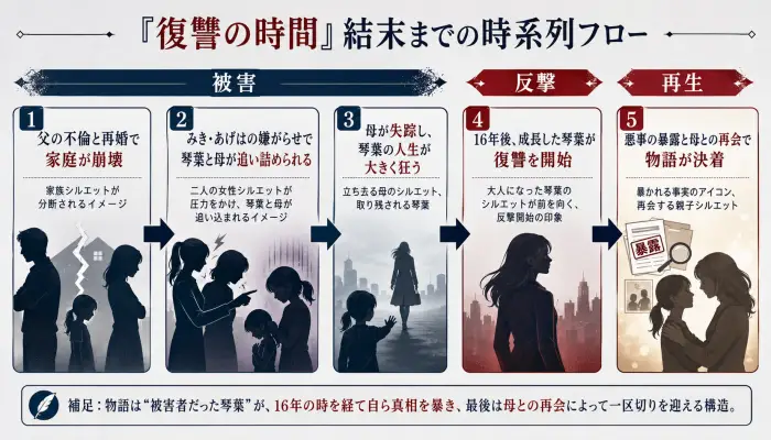 『復讐の時間』で父の不倫、母の失踪、16年後の復讐、悪事の暴露、母との再会までの流れを示した時系列図。