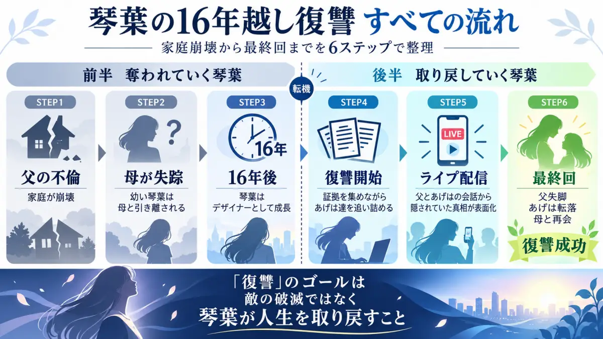 『復讐の時間』で父の不倫と母の失踪から16年後の琴葉の復讐開始、ライブ配信による暴露、母との再会までを整理した時系列図解
