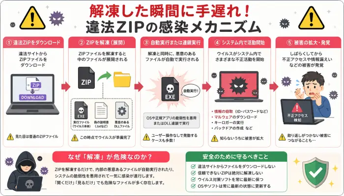 解凍した瞬間に手遅れ：違法ZIPの感染メカニズム