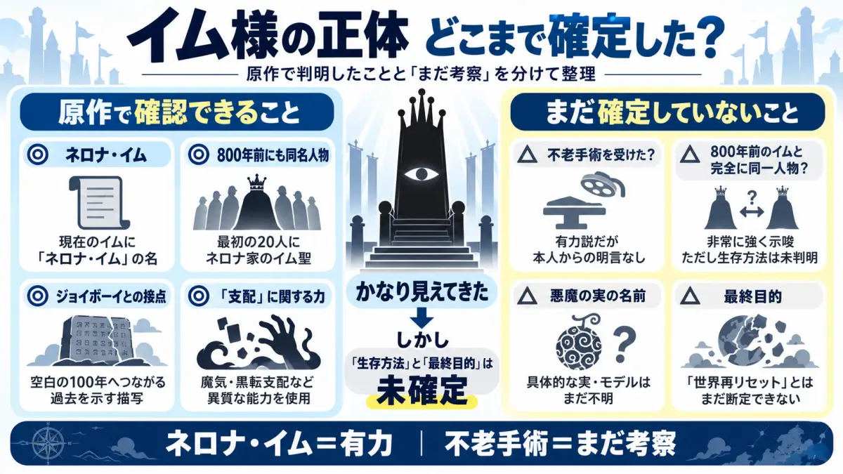 ONE PIECEのイム様について、ネロナ・イムという名前や800年前との関係など原作で確認できる情報と、不老手術説など未確定の考察を分けて整理した図解