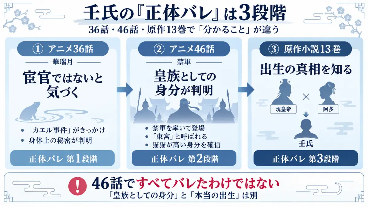 薬屋のひとりごとで壬氏の正体が猫猫にバレるアニメ36話、46話、原作小説13巻の3段階を整理した図解