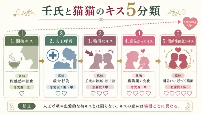 壬氏と猫猫のキスを間接キス、人工呼吸、強引なキス、猫猫からのキス、関係性確認のキスに分類した図解