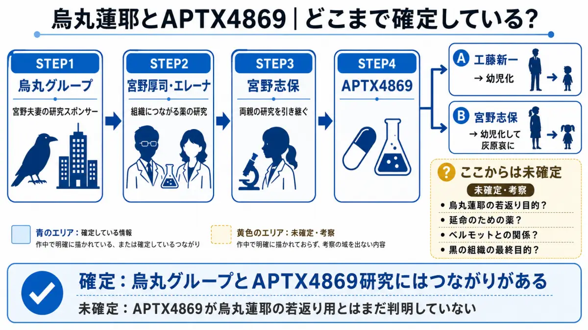 烏丸グループから宮野厚司・エレーナ、宮野志保、APTX4869へと続く確定した研究のつながりと、烏丸蓮耶の若返り目的は未確定であることを整理した図解