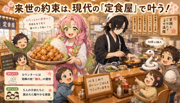 現代編でデカ盛り定食屋を営み、5人の子供に恵まれた幸せな転生後の夫婦のイメージ図