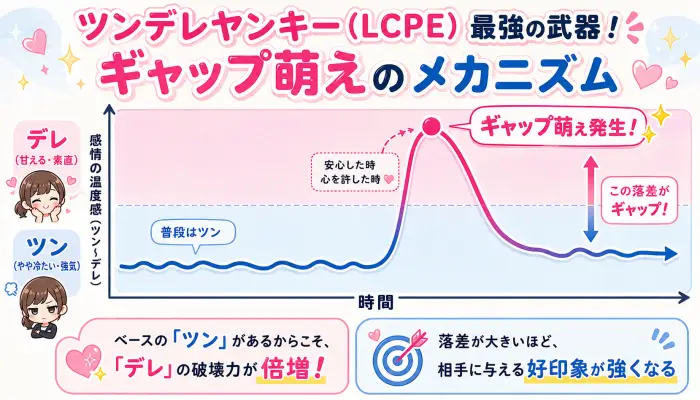 LCPEの感情の波とギャップ萌えの相乗効果を示すグラフ。普段のツンとした状態からデレに変わる落差が相手の心を掴むことを解説。