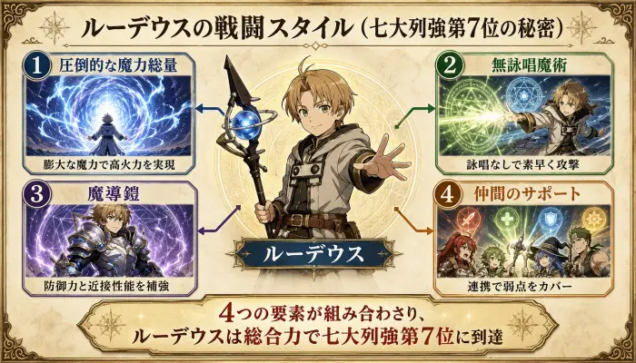 ルーデウスの戦闘スタイル(圧倒的な魔力総量+無詠唱魔術+魔導鎧+仲間のサポート)