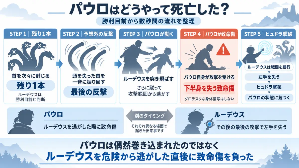 無職転生のマナタイトヒュドラについて魔力を吸収減衰させる鱗、首の再生能力、パウロが首を斬りルーデウスが切断面を焼く攻略法を整理した図解