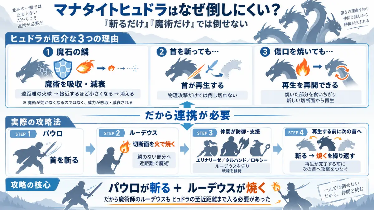無職転生でパウロがヒュドラの最後の反撃からルーデウスを逃がし致命傷を負い、その後ルーデウスが左手を失ってヒュドラを倒すまでを整理した図解