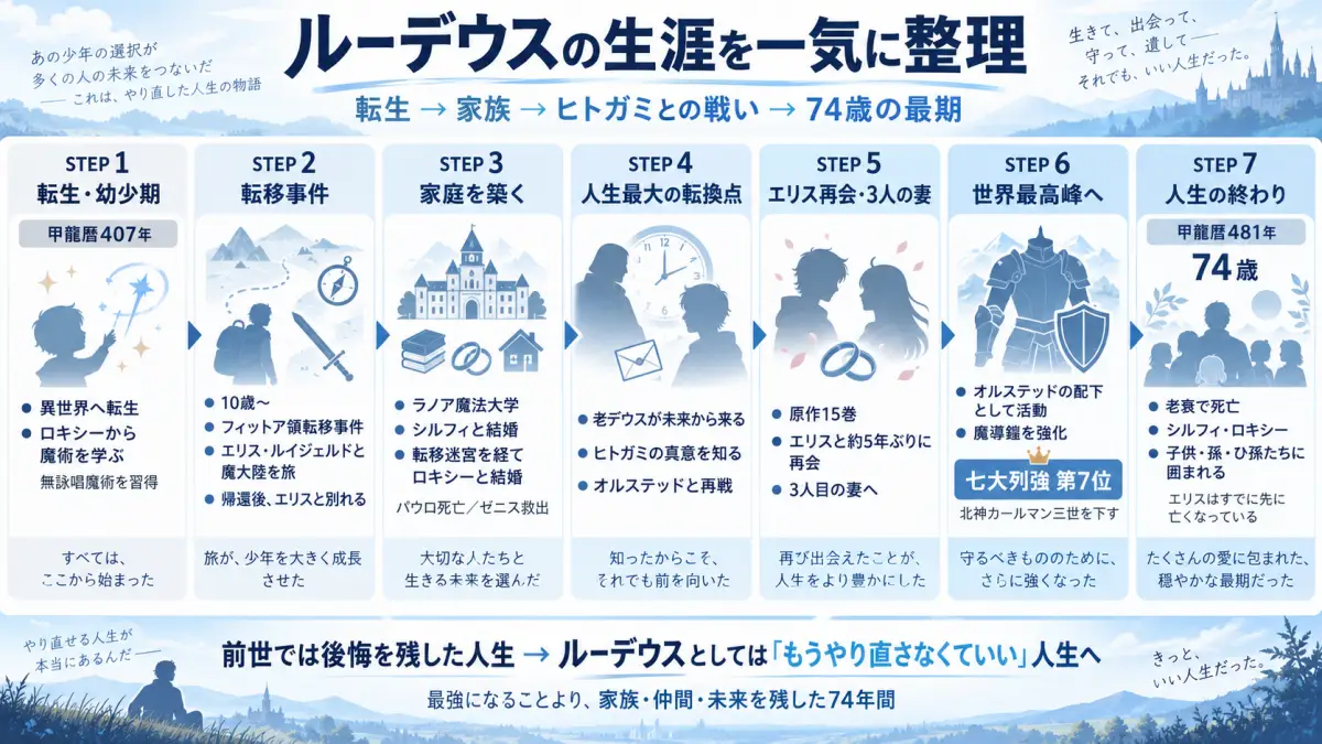 無職転生のルーデウスが転生から3人との結婚、オルステッド配下、七大列強第7位、74歳で老衰するまでの生涯を整理した時系列図
