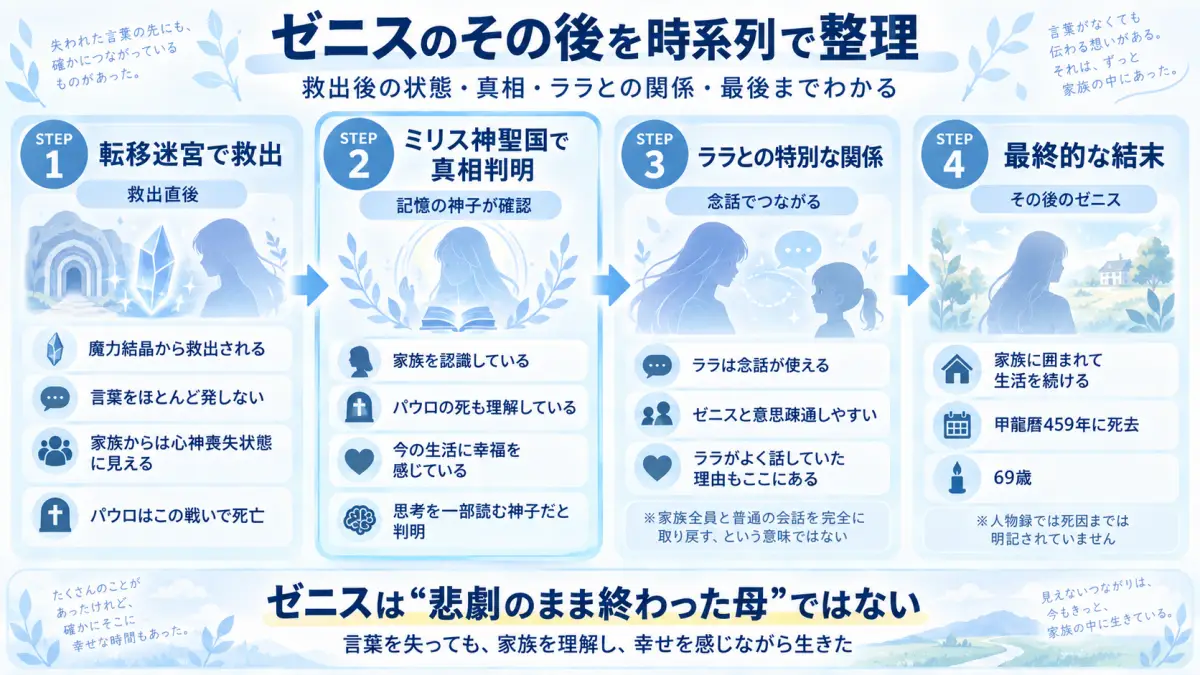 無職転生のゼニスについて、転移迷宮での救出、記憶の神子による真相判明、ララとの念話、69歳での死去までを時系列で整理した図解