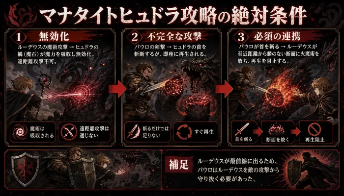 マナタイトヒュドラの魔力吸収能力と、パウロの剣撃およびルーデウスの火魔術による連携を図解したフローチャート