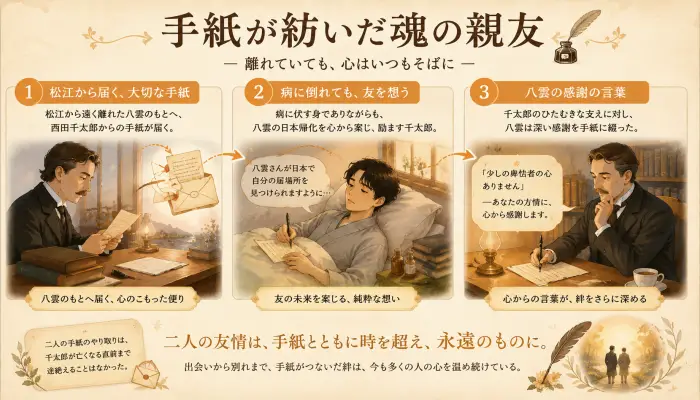 小泉八雲と西田千太郎が手紙を通じて深く心を通い合わせる様子を描いたイラスト