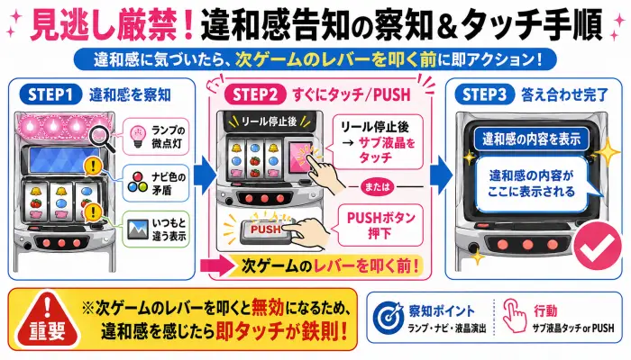 スマスロマギレコの違和感告知察知ポイントとサブ液晶タッチ手順の図解