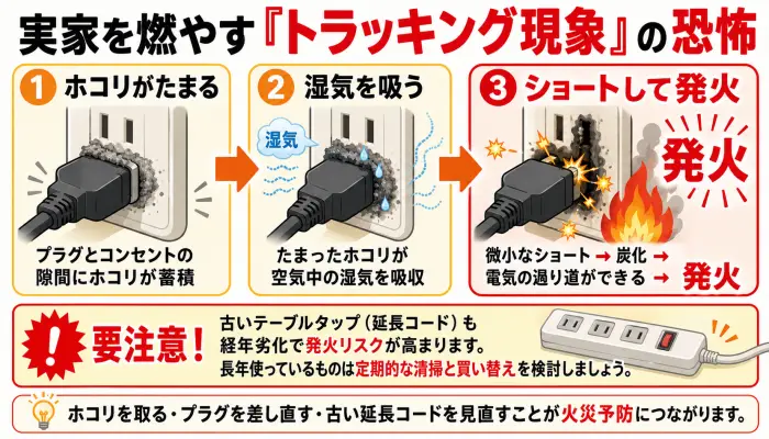 コンセントに溜まったホコリが湿気を吸い、ショートして発火するトラッキング現象の3ステップ図解