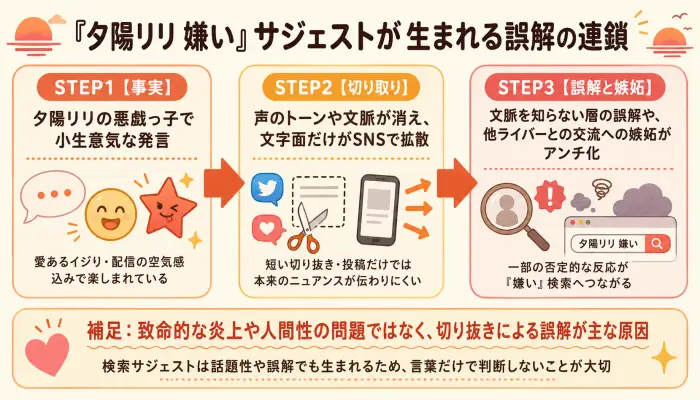 夕陽リリの悪戯っ子な発言が文字面だけで切り取られ、誤解と嫉妬によって嫌いというサジェストが生まれるまでのフロー図