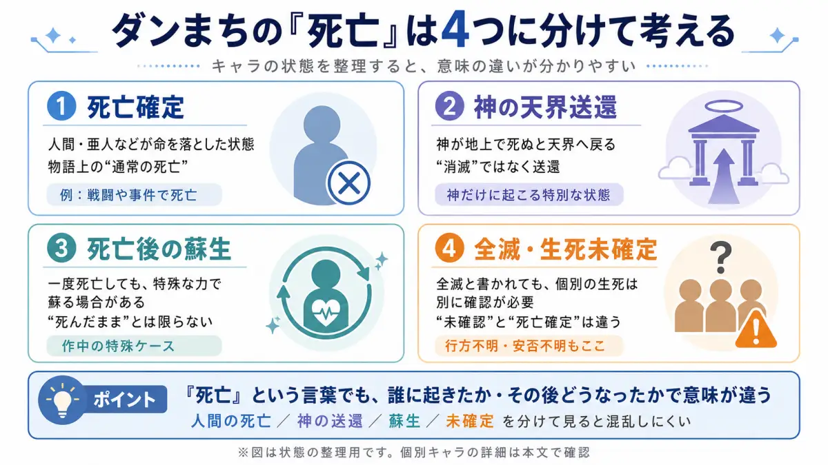 ダンまちのキャラクターの状態を死亡確定・神の天界送還・死亡後の蘇生・全滅や生死未確定の4種類に分けた図解