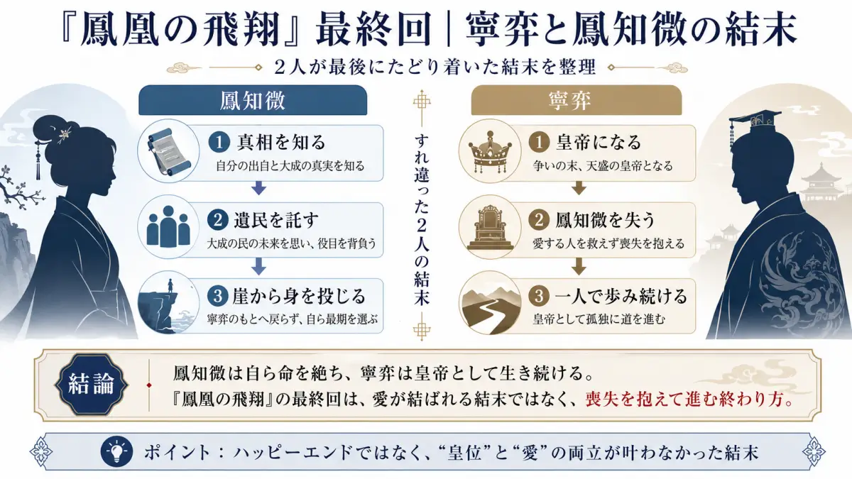 『鳳凰の飛翔』最終回|寧弈と鳳知微の結末 内容:鳳知微→真相を知る→遺民を託す→崖から身を投じる/寧弈→皇帝になる→鳳知微を失う→一人で歩み続ける