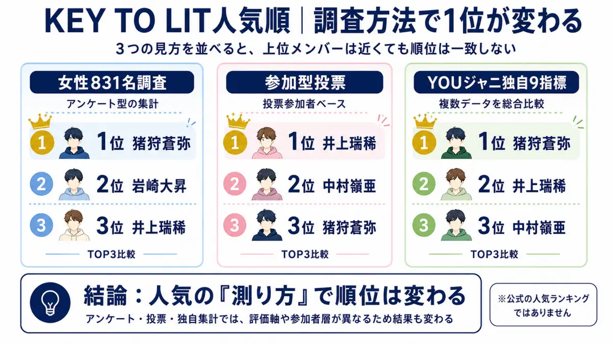 KEY TO LITの人気順を女性831名調査・参加型投票・独自9指標の3データで比較した図