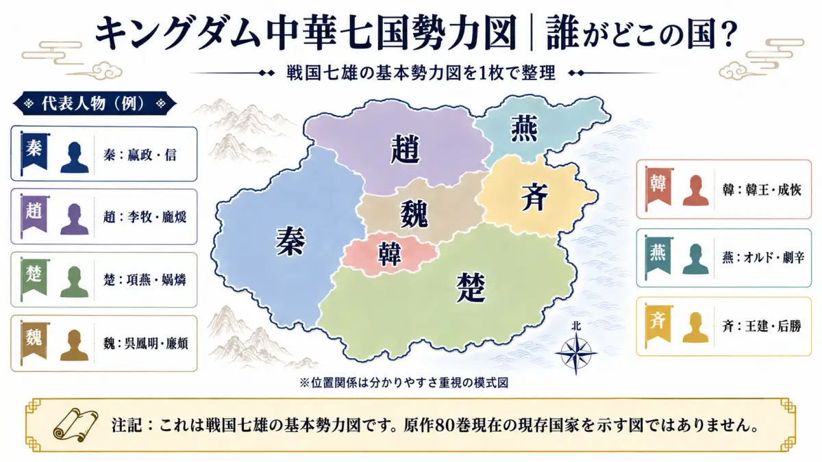 キングダムの戦国七雄である秦・趙・楚・魏・韓・燕・斉と代表人物を整理した基本勢力図