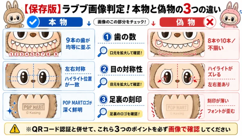 ラブブの本物と偽物を見分ける3つの急所比較図