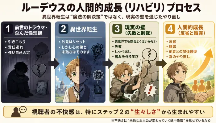 ルーデウスの前世のトラウマから人間的成長に至るまでの4ステップのフロー図