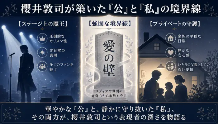 櫻井敦司氏のステージ上のカリスマ性と家族を守るプライベートの対比を示す図解
