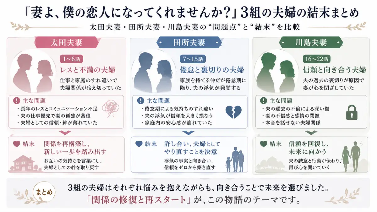 妻よ僕の恋人になってくれませんかの太田夫妻・田所夫妻・川島夫妻について、各章の問題と結末を比較した図