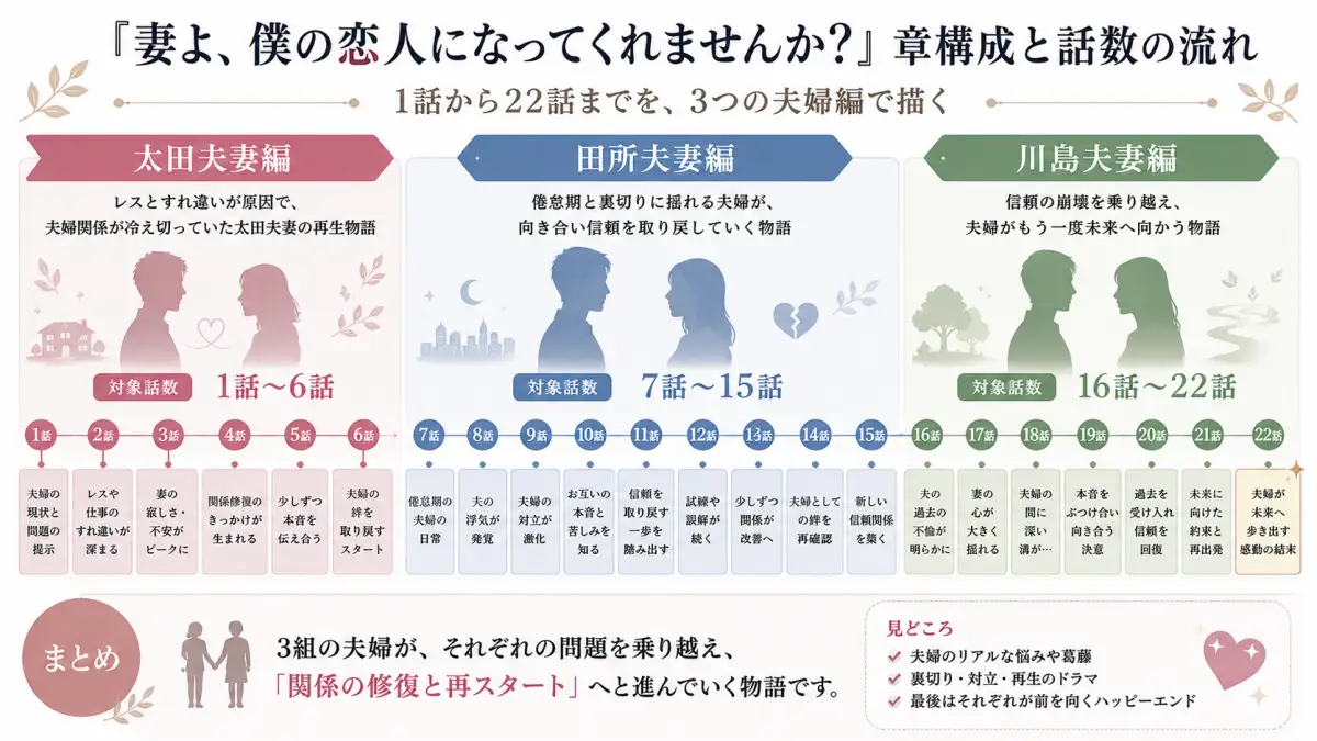 妻よ僕の恋人になってくれませんかの1話から22話までを、太田夫妻編・田所夫妻編・川島夫妻編に分けて整理した章構成図