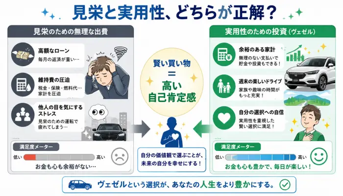 見栄のための出費と、実用性とコスパを重視したホンダヴェゼルへの投資における、心理的・経済的な満足度の比較図