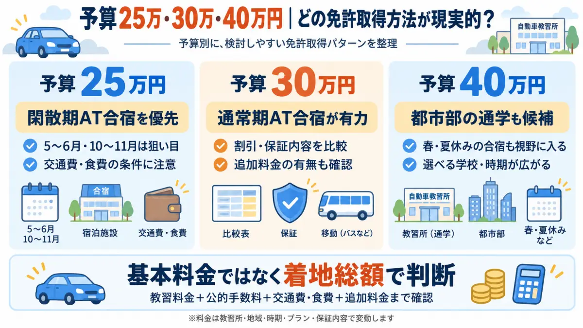 車の免許取得について予算25万円30万円40万円ごとに検討しやすい通学・合宿プランを比較した図解