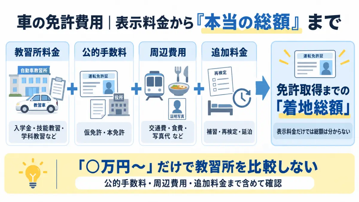 車の免許費用について教習所料金から公的手数料・交通費・追加料金を加えて実際の総額になる流れを示した図解