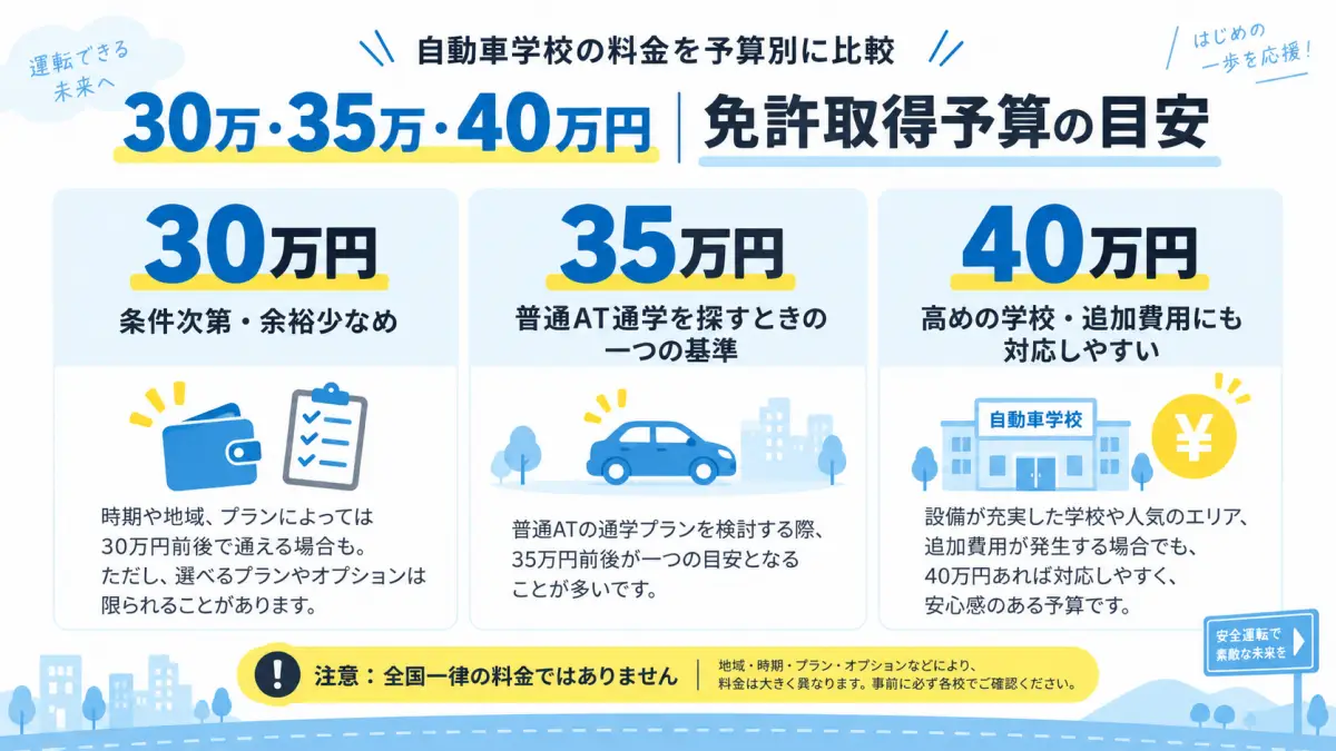 自動車学校の料金を30万円・35万円・40万円の予算別に比較した図解
