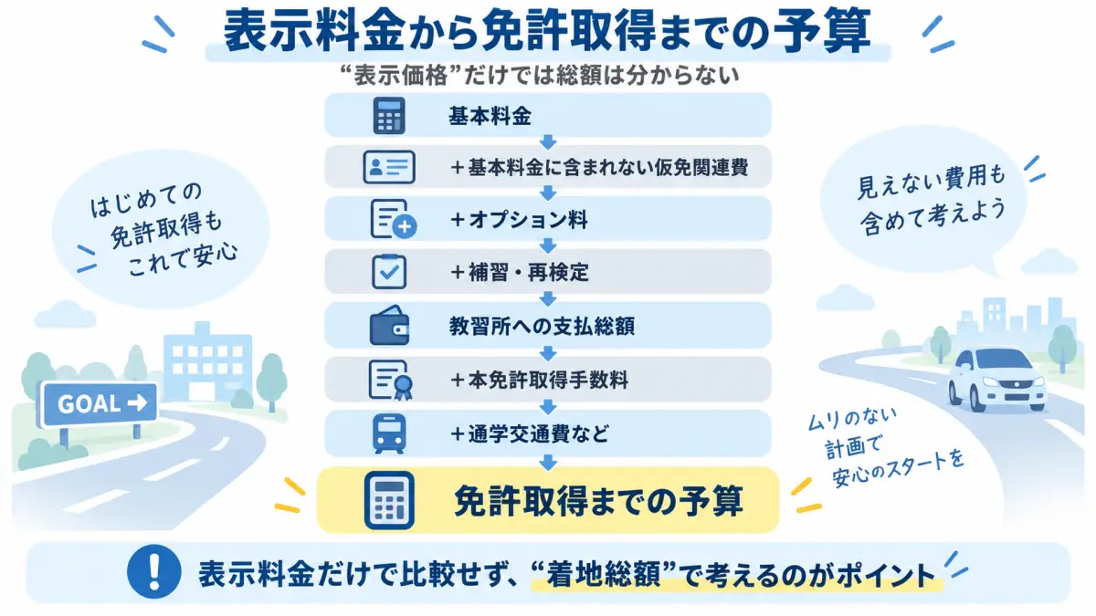 自動車学校の基本料金から免許取得までの総予算を計算する流れ