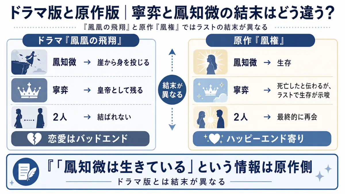 ドラマ版と原作版|寧弈と鳳知微の結末はどう違う? 左:ドラマ『鳳凰の飛翔』 鳳知微→崖から身を投じる 寧弈→皇帝として残る