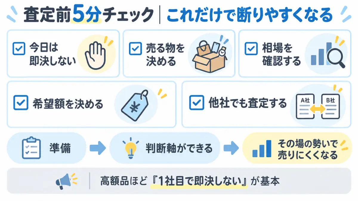 買取査定前に即決しない、売る物を決める、相場確認、希望額設定、他社比較を確認する5項目のチェックリスト