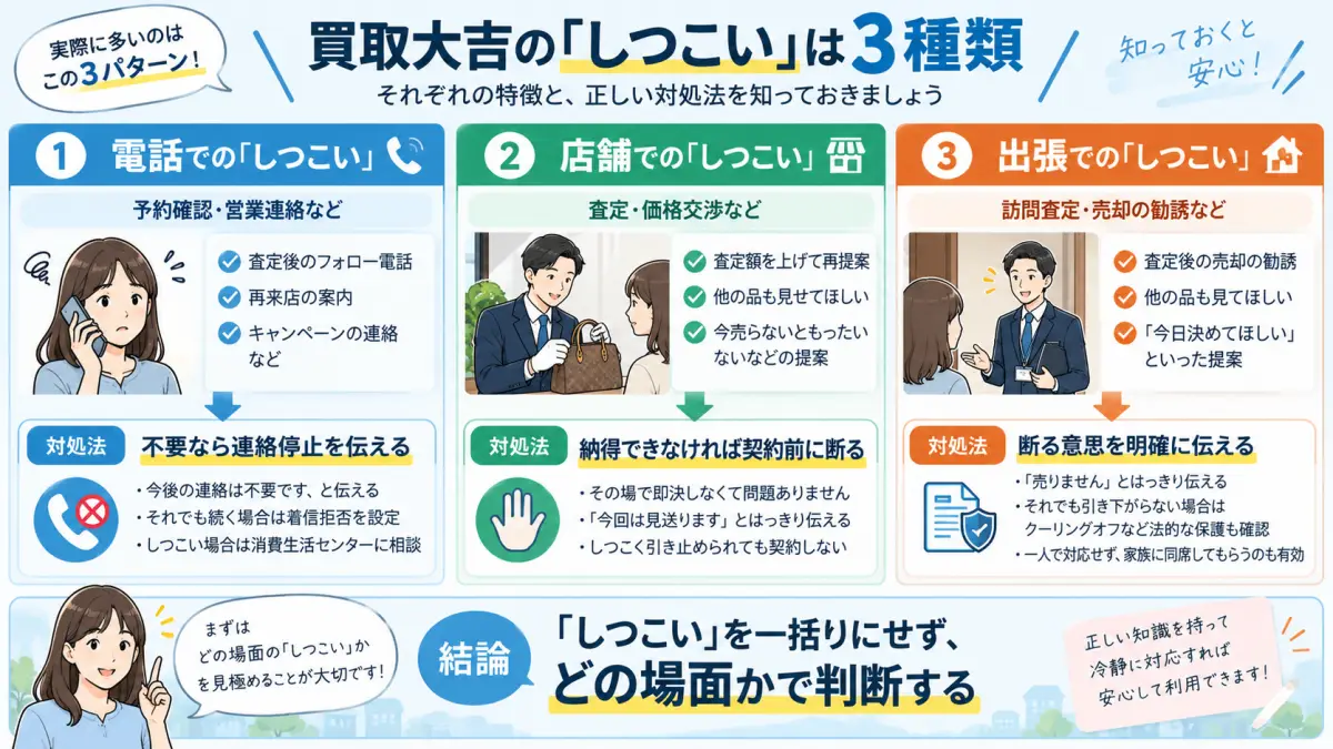 買取大吉でしつこいと感じるケースを電話・店舗・出張の3種類に分け、それぞれの対処法を整理した図解