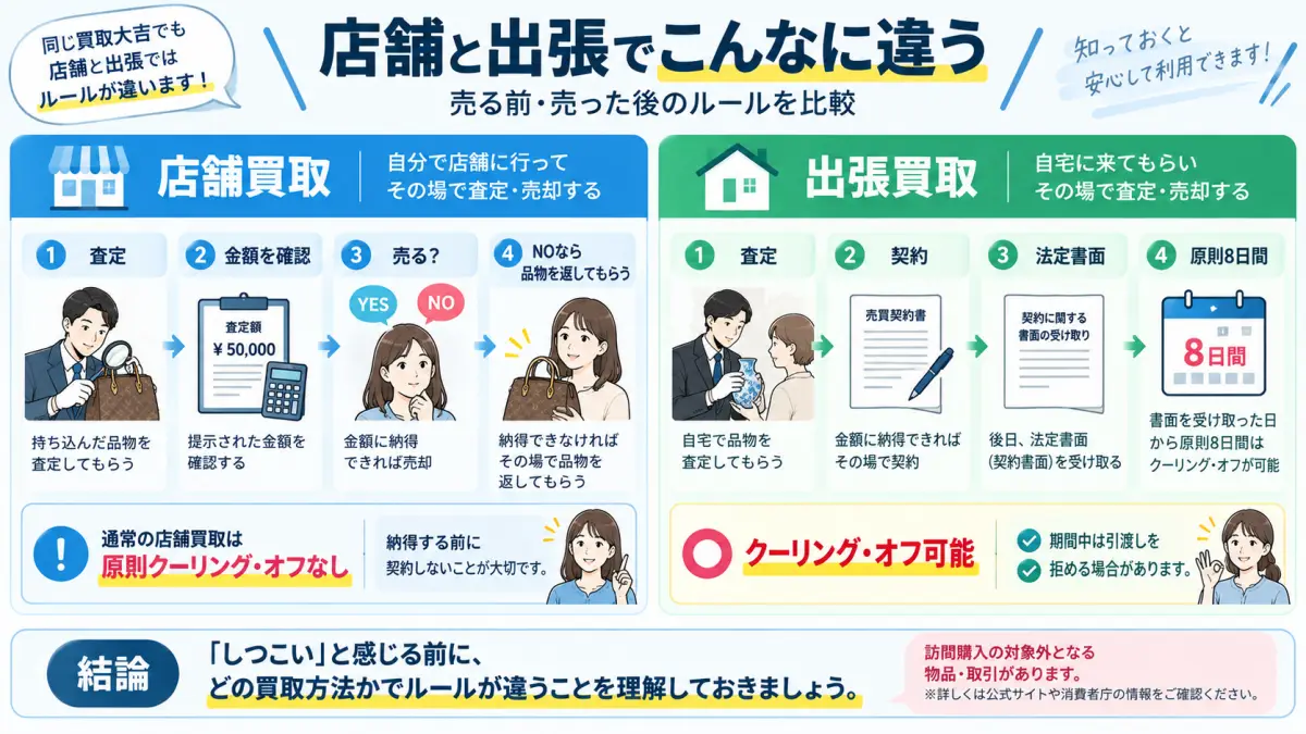 店舗買取と出張買取について査定から契約後までの流れとクーリングオフの違いを比較した図解