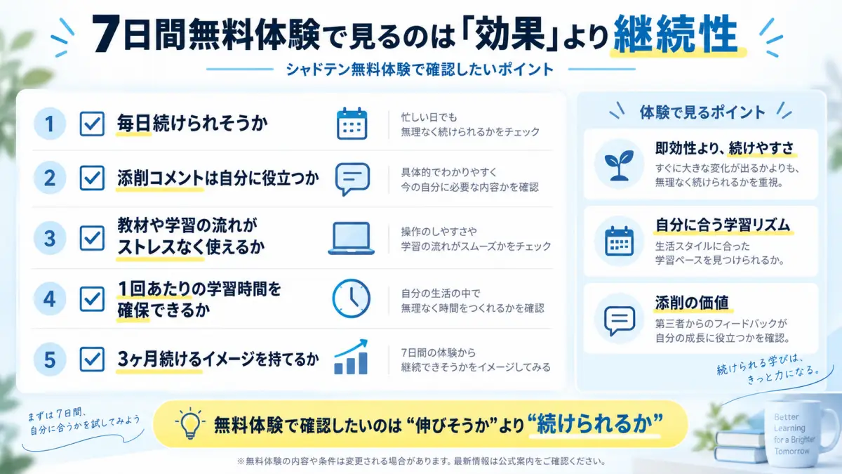シャドテンの7日間無料体験で継続性や添削の価値を確認するチェックリスト図解