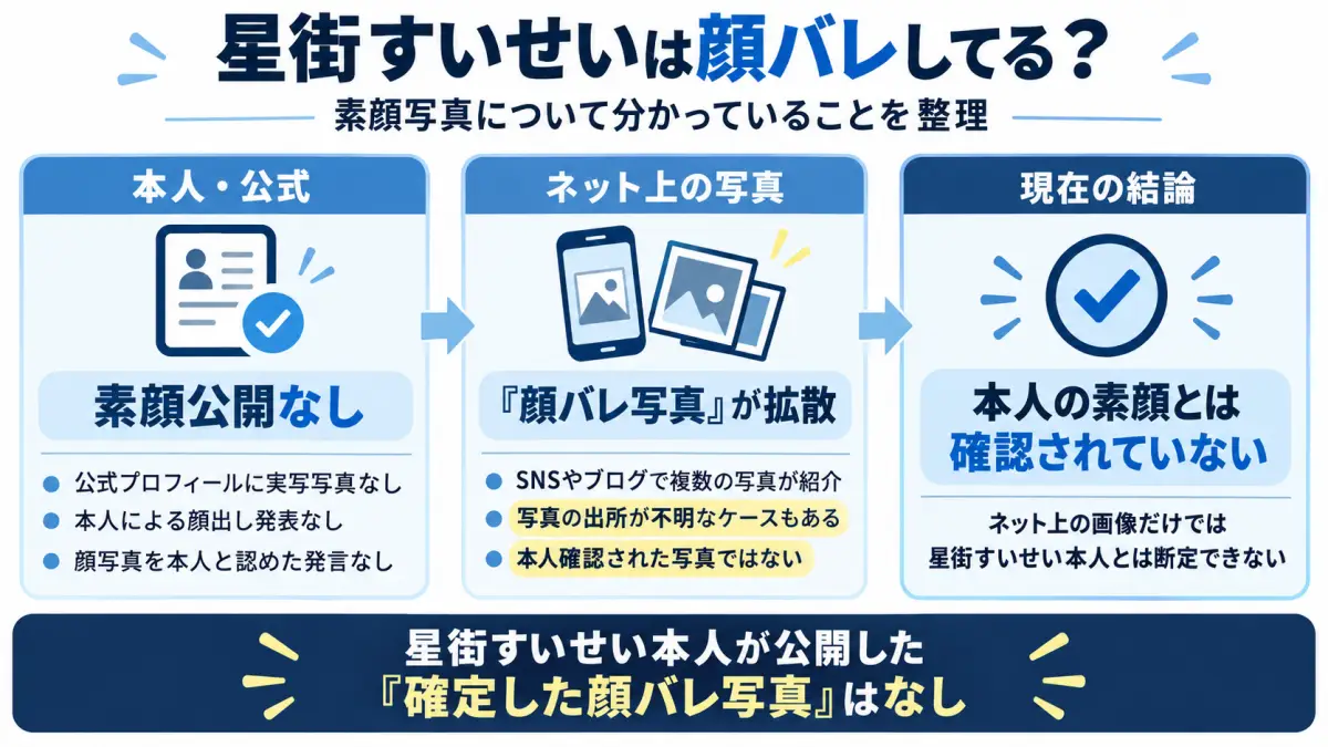 星街すいせいの顔バレ情報について本人による素顔公開の有無とネット上の顔写真の状況を整理した図解